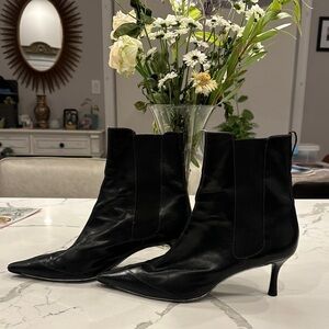 Cole Haan Women's Black Leather Pointed-Toe Kitten Heel Ankle Boots